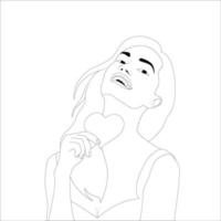 hermosa chica con objeto en forma de corazón, ilustración de contorno de personaje de pareja sobre fondo blanco, ilustración vectorial para proyectos del día de San Valentín. vector