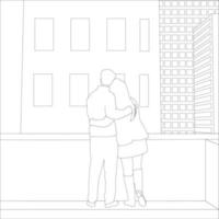 A couple with abstract building background, Couple character outline illustration on white background, vector illustration for valentine's day projects.