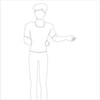 Presenting something, character outline illustration on white background. vector