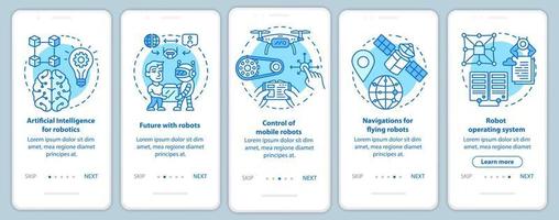 Robotics courses onboarding mobile app page screen vector template. Learning robot control. Walkthrough website steps with linear illustrations. UX, UI, GUI smartphone interface concept