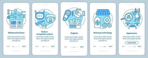 Technology in robotics onboarding mobile app page screen vector template. Engineering autonomous devices. Walkthrough website steps with linear illustrations. UX, UI, GUI smartphone interface concept