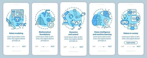 Robotics courses onboarding mobile app page screen vector template. Study robot engineering. Walkthrough website steps with linear illustrations. UX, UI, GUI smartphone interface concept
