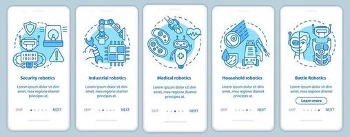 Types robotics onboarding mobile app page screen vector template. Industrial, medical, battle robots. Walkthrough website steps with linear illustrations. UX, UI, GUI smartphone interface concept