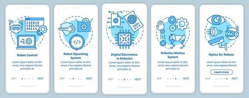 Robotics courses onboarding mobile app page screen vector template. Robots learning and development. Walkthrough website steps with linear illustrations. UX, UI, GUI smartphone interface concept