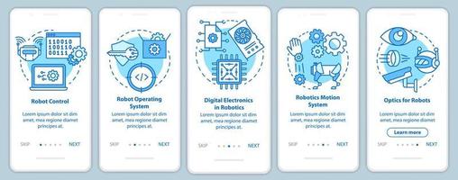 Cursos de robótica incorporación de plantilla de vector de pantalla de página de aplicación móvil. aprendizaje y desarrollo de robots. paso a paso del sitio web con ilustraciones lineales. concepto de interfaz de teléfono inteligente ux, ui, gui