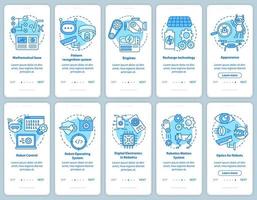 cursos de robótica que incorporan el conjunto de plantillas vectoriales de la pantalla de la página de la aplicación móvil. secciones de ingeniería de robots. paso a paso del sitio web con ilustraciones lineales. ux, ui, concepto de interfaz de teléfono inteligente gui vector