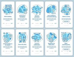 Robotics courses onboarding mobile app page screen vector template set. Modeling, development of robots. Walkthrough website steps with linear illustrations. UX, UI, GUI smartphone interface concept