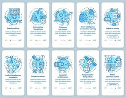 Robotics courses onboarding mobile app page screen vector template set. Modeling, development of robots. Walkthrough website steps with linear illustrations. UX, UI, GUI smartphone interface concept