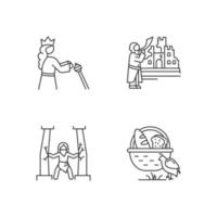 Bible narratives linear icons set. Samson, manna and quail, The fall of Jericho myths. Biblical stories plot. Thin line contour symbols. Isolated vector outline illustrations. Editable stroke