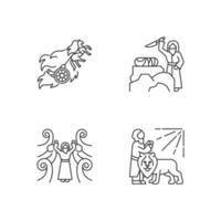 Bible narratives linear icons set. Chariot of fire, binding of Isaac myths. Biblical stories. Religious legends. Thin line contour symbols. Isolated vector outline illustrations. Editable stroke