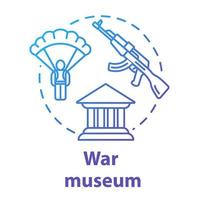 War museum concept icon. Military memorial. Imperial archives. Paratrooper and automated gun. Warfare history exhibition idea thin line illustration. Vector isolated outline drawing