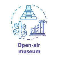 Open-air museum concept icon. Historical architecture exhibition. Temple ruins and colonnade. Folk building. Archeological exposition idea thin line illustration. Vector isolated outline drawing