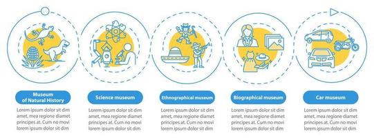 plantilla de infografía vectorial de exposición y museo. elementos de diseño de presentación de historia natural. visualización de datos con cinco pasos. gráfico de línea de tiempo del proceso. diseño de flujo de trabajo con iconos lineales vector