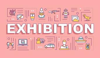 Exhibition word concepts banner. Museum exposition. History and culture. Science and technology. Infographics with linear icons on pink background. Isolated typography. Vector outline illustration