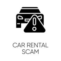 Car rental scam glyph icon. Low upfront payment. Fake insurance fee. Illegitimate vehicle hire deal. Cybercrime. Financial fraud. Silhouette symbol. Negative space. Vector isolated illustration