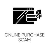 Online purchase scam glyph icon. Internet shopping scheme. Fake retailer website. Cybercrime. Phishing. Consumer fraud. Silhouette symbol. Negative space. Vector isolated illustration