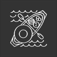 Floating market chalk icon. Selling goods and local food from boat. Type of trade in Thailand, Indonesia and Vietnam. Water transport as tourist attraction. Isolated vector chalkboard illustration