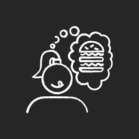 Food craving chalk icon. Girl thinking of burger. Thought of sandwich. Fast food snack. Unhealthy diet. Appetite and temptation. Cheeseburger, hamburger. Isolated vector chalkboard illustration