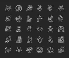 Predmenstrual syndrome chalk icons set. Menstrual cycle. Period abdominal pain. Food craving. Birth control. Aromatherapy. Emotion outburst. Hormone imbalance. Isolated vector chalkboard illustrations