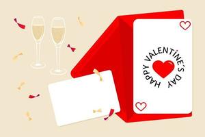 Festive Valentines day card composition with envelope, blank card and two glasses of chapagne vector