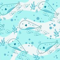 Pattern with underwater whale and whale calf in cartoon style vector