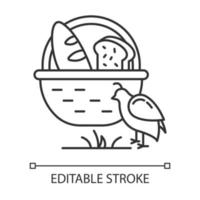 Manna and quail Bible story linear icon. Bread loaves in basket and fowl. Biblical narrative. Thin line illustration. Contour symbol. Vector isolated outline drawing. Editable stroke