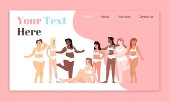 Body positive landing page vector templates. Women dressed in lingerie website interface idea with flat illustrations. Smiling ladies homepage layout. Feminism web banner, webpage cartoon concept