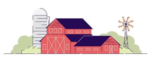 Farm barns flat vector illustration. Village farmland, red rural ranch with grain elevator and backyard windmill. Country farmhouse. Countryside agriculture isolated cartoon concept with outline