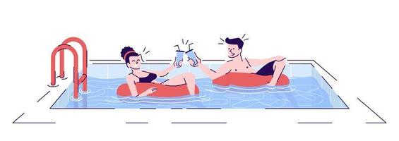 Couple in swimming pool flat vector illustration. Romantic date in water. Boyfriend, girlfriend drinking cocktail in safety rings isolated cartoon characters with outline elements on white background