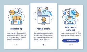 Modern magic onboarding mobile app page screen with linear concepts. Witchcraft online services walkthrough steps graphic instructions. Fortune telling UX, UI, GUI vector template with illustrations