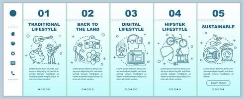 tipos de estilo de vida incorporando plantilla vectorial de páginas web móviles. volver a la tierra idea de interfaz de sitio web de teléfono inteligente sensible con ilustraciones lineales. pantallas de pasos del tutorial de la página web. concepto de color vector