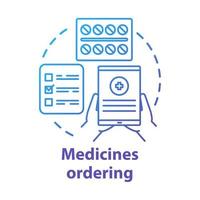 Medicines ordering service concept icon. Medical supplies delivery idea thin line illustration. Medications retail application business. Tablet, pills and checklist vector isolated outline drawing