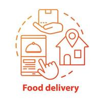 Food delivery application concept icon. Customer service, lunch ordering idea thin line illustration. Package, smartphone and home vector isolated outline drawing. Transportation business