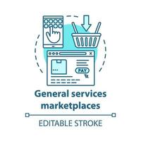 General services marketplaces service concept icon. On demand economy, e commerce idea thin line illustration. Smartphone, browser window and basket vector isolated outline drawing. Editable stroke
