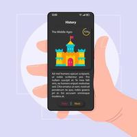 History school subject smartphone interface template. Mobile app page black design layout. Middle Ages lesson screen. Flat UI for application. Hand holds phone with historical epoch on display vector