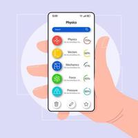 Physics categories smartphone interface vector template. Mobile app page white design layout. Learning mechanics screen. Flat UI for application. Hand holding phone with physical knowledge on display