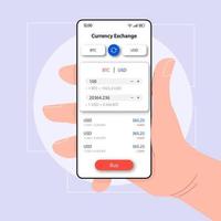 Currency manager online smartphone interface vector template. Mobile app page white design layout. BTC exchange screen. Flat UI for application. Hand holding phone with cryptocurrency on display