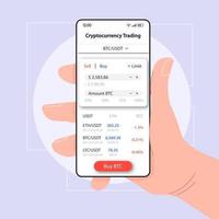 Cryptocurrency balance smartphone interface vector template. Mobile app page white design layout. Bitcoin account screen. Flat UI for application. Hand holding phone with BTC to USDT rate on display