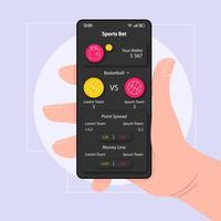 Sports bet manager smartphone interface vector template. Mobile app page black design layout. Money line screen. Flat UI for application. Hand holding phone with victory prediction on display