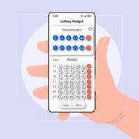 Lottery numbers tips smartphone interface vector template. Mobile app page white design layout. Victory analytics screen. Flat UI for application. Hand holds phone with winning combination on display