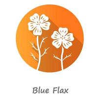 icono de glifo de sombra larga de diseño plano naranja de planta de lino azul. flor silvestre de lino con inscripción de nombre. flor de primavera. floreciente inflorescencia de flores silvestres de linum. ilustración de silueta vectorial vector