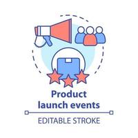 Product launch events concept icon. New product presentation and release thin line illustration. Marketing, advertising. Customer attraction. Promo campaign. Vector isolated drawing. Editable stroke