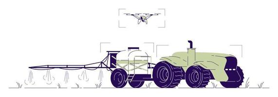 Drone watering tractor flat illustration. Driverless agricultural machinery with UAV control cartoon concept with outline. Self driving tractor with fertilizer spreader, sprinkler for irrigation vector