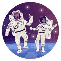 astronautas en el icono de concepto plano del espacio ultraterrestre. cosmonauta en traje espacial flotando en cosmos sticker, clipart. viajeros interestelares, ilustración de dibujos animados aislados de exploración espacial sobre fondo blanco vector