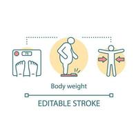 Body weight measurement concept icon. Fighting obesity, overweight problem idea thin line illustration. Measuring scales. Controlling body mass.Vector isolated outline drawing. Editable stroke vector
