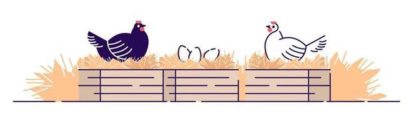 Ilustración de vector plano de cría de aves de corral. agricultura animal orgánica, hennery. concepto de dibujos animados de granja de pollo con contorno aislado sobre fondo blanco. gallinas que llevan huevos en nidos, gallinero