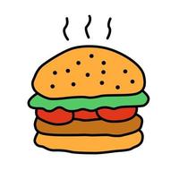 Delicious burger color icon. Traditional hamburger, junk food isolated vector illustration. Unhealthy nutrition, harmful food, takeaway service cartoon symbol. Grilled patty with buns and vegetables