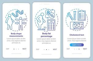Body health onboarding mobile app page screen vector template. Cholesterol test. Body shape measurements. Walkthrough website steps with linear illustrations. UX, UI, GUI smartphone interface concept