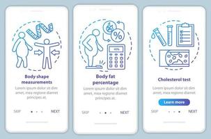 plantilla de vector de pantalla de página de aplicación móvil de incorporación de salud corporal. prueba de colesterol Medidas de la forma del cuerpo. paso a paso del sitio web con ilustraciones lineales. ux, ui, concepto de interfaz de teléfono inteligente gui