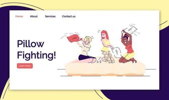 Pillow fighting landing page vector templates set. Girls party website interface idea with flat illustrations.Sleepover fun homepage layout. Outline people fun web banner, webpage cartoon concept